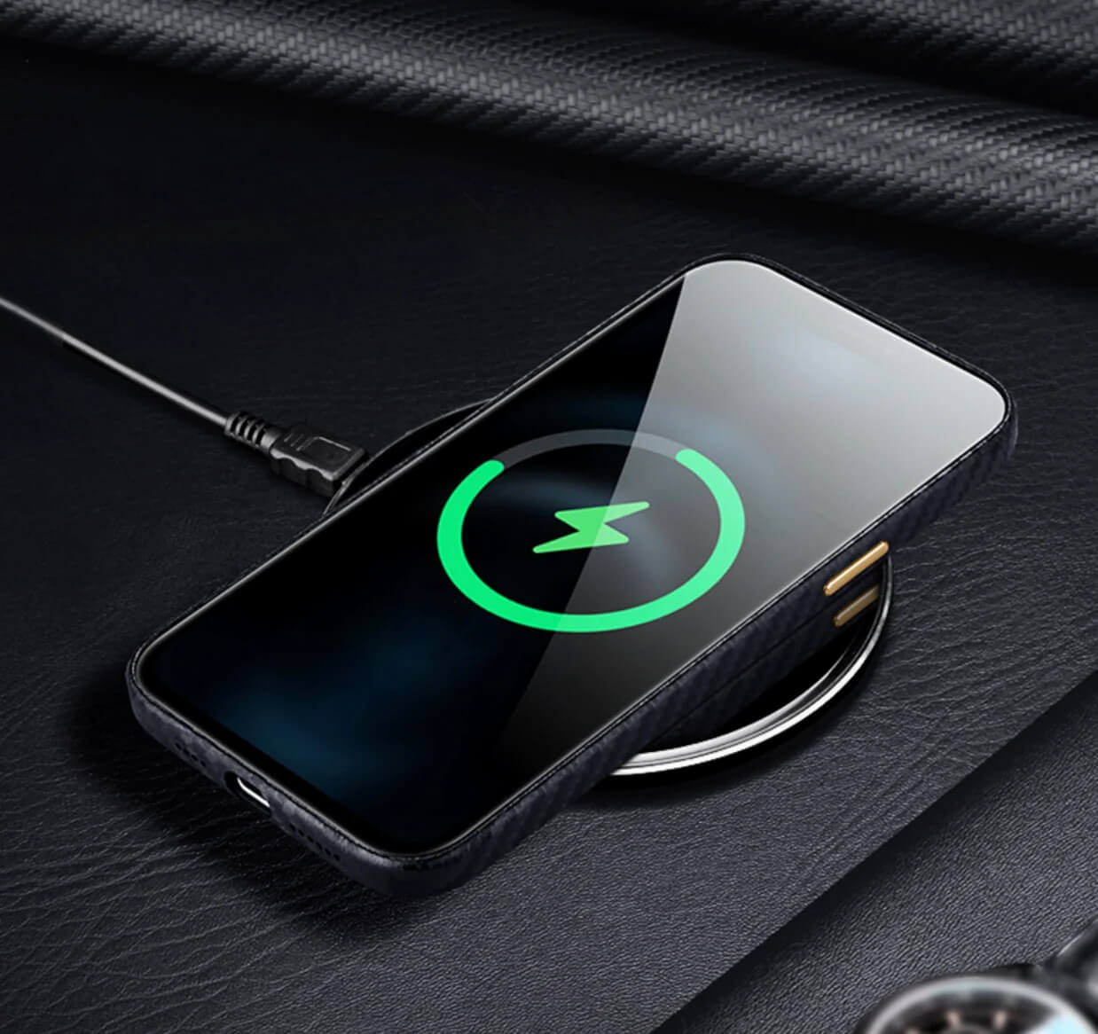 an iphone with carbon fiber case is charging via MagSafe charger Oneou Carbon Fiber | Carbon Phone Case | Card Holder an iphone with carbon fiber case is charging via MagSafe charger